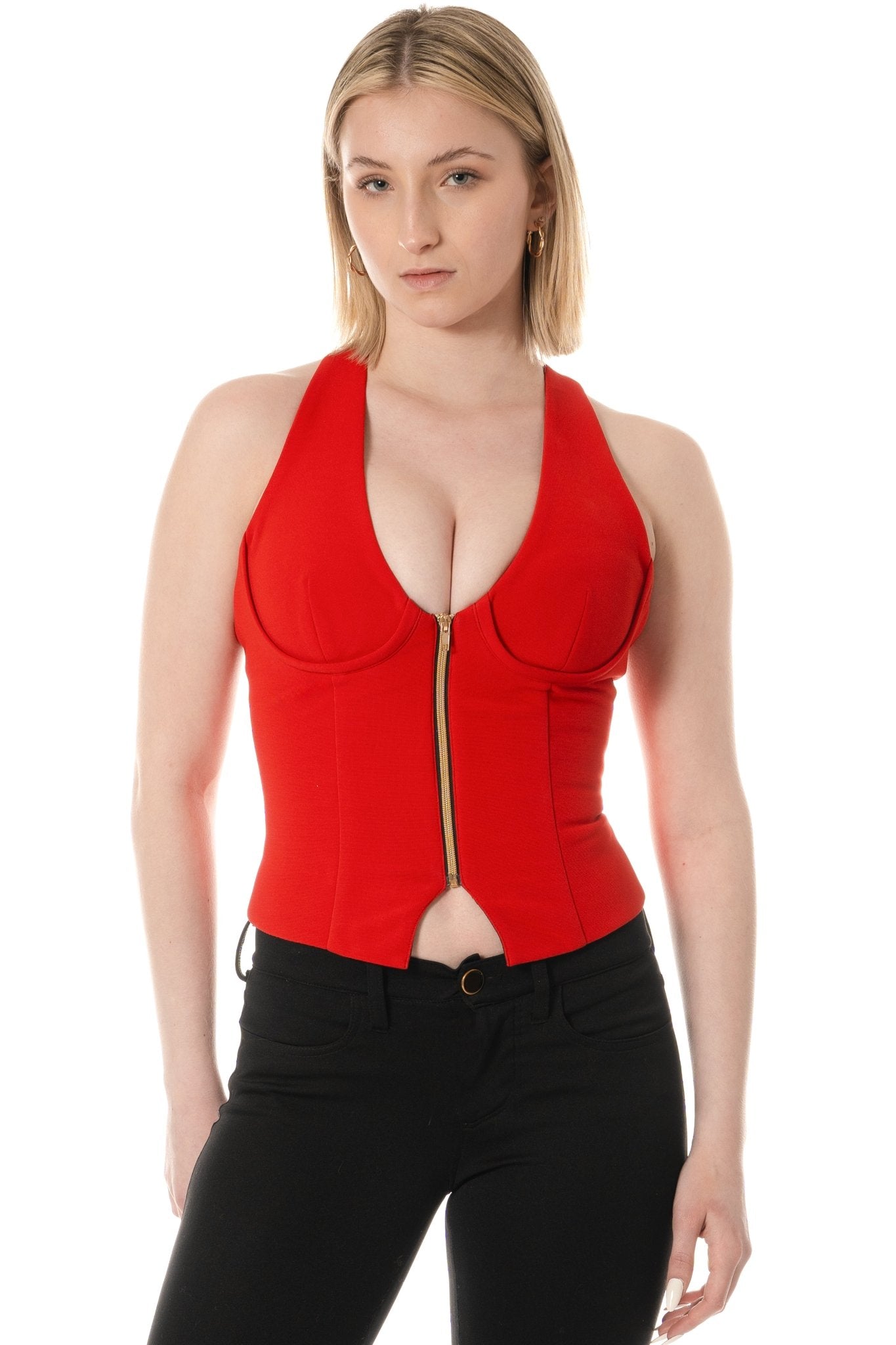 DAISY Bustier Uniform Top for casino, gaming, hotel, restaurants, hospitality, and resorts. Corset uniform in red with racer back.- KAPTVA Apparel