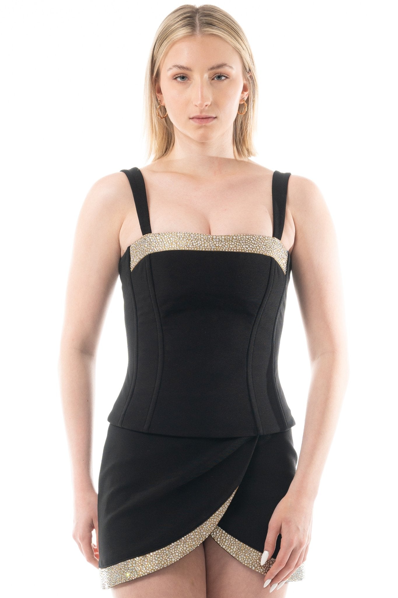 EVIE Bustier Uniform Top for gaming, casino, hotel, restaurants, hospitality, and resorts. Black corset uniform with gold brocade and crystal stone accents. Fully lines with boning.- KAPTVA Apparel