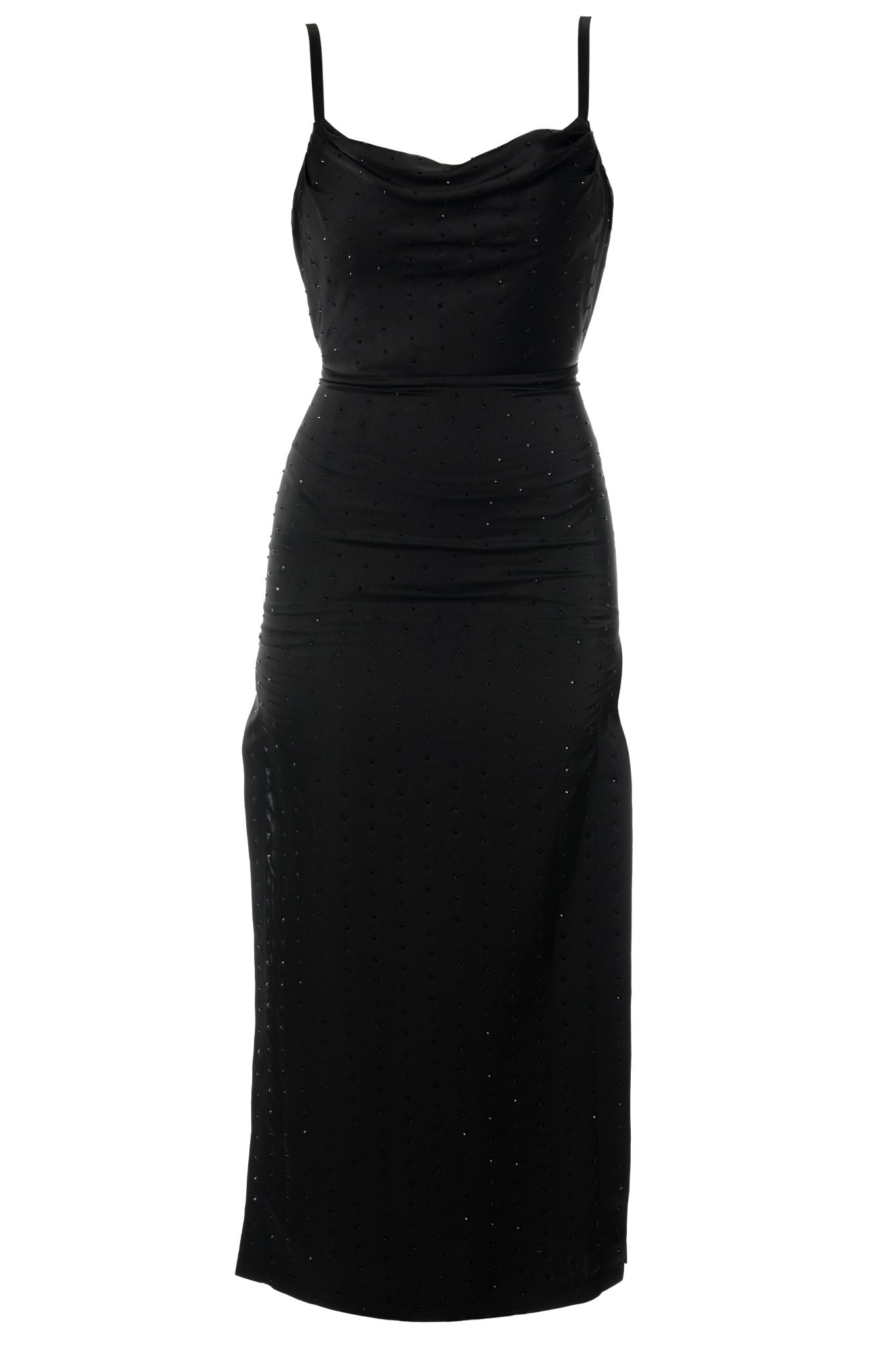 CECE Hostess Uniform Dress for gaming, casino, hospitality, hotel, restaurant, and resorts. Black satin with stones and a cowl neckline and open back. Ankle length with side slits. Hostess Uniform - KAPTVA Apparel