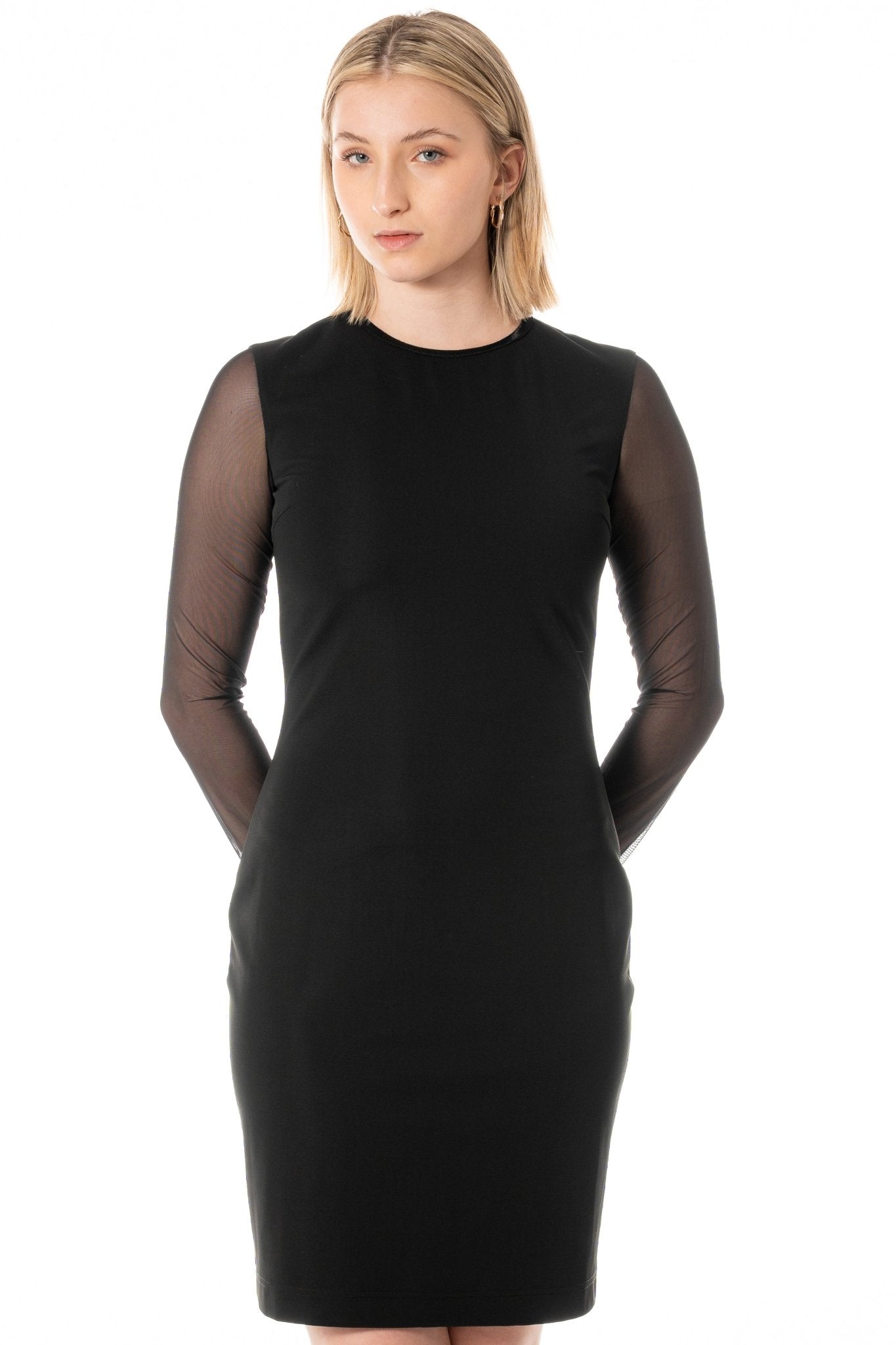 KATY Hostess Uniform Dress for gaming, casino, hotel, restaurants, hospitality, and resorts. Knee-length black dress with mesh sleeves and gold zipper accent. - KAPTVA Apparel