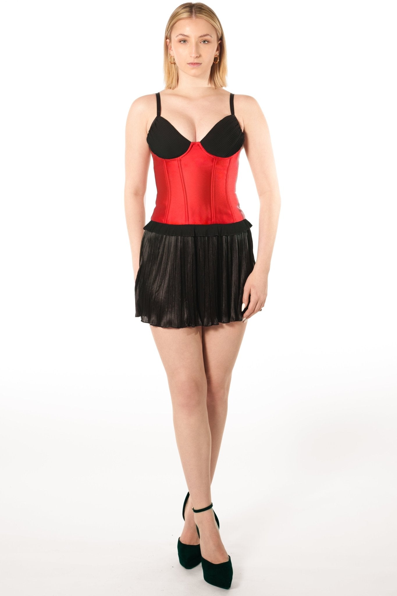 POLY Bustier Corset Uniform Top for cocktail server, hostess, or bartender in the gaming, casino, hotel, restaurant, hospitality, and resort industry. Corset uniform top with satin body with mini-pleated bra and hem. - KAPTVA Apparel