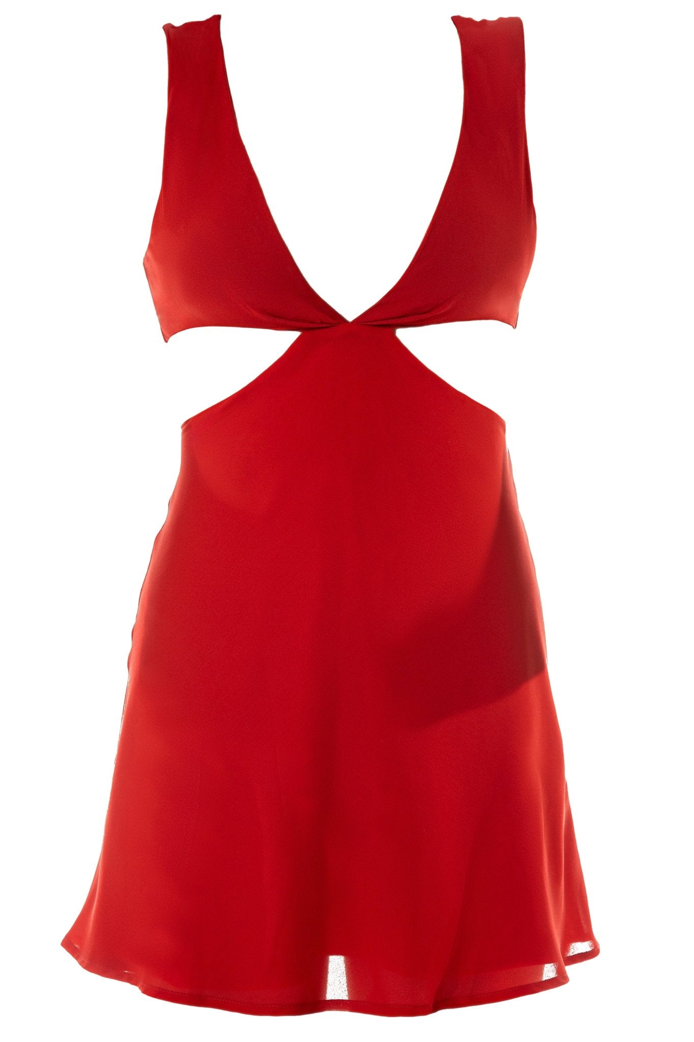 BLAIR Cocktail Dress Uniform for gaming, casino, hotel, restaurants, and resort. Red cut out dress in georgette double layer skirt. - KAPTVA Apparel