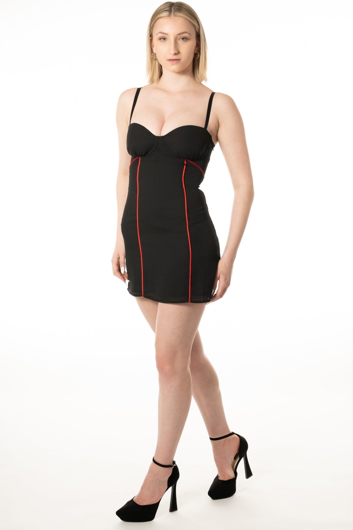 THEA Cocktail Server Uniform Dress for gaming, casino, hotel, restaurants, hospitality, and resorts. Mini dress with contrast satin piping and corset top. - KAPTVA Apparel