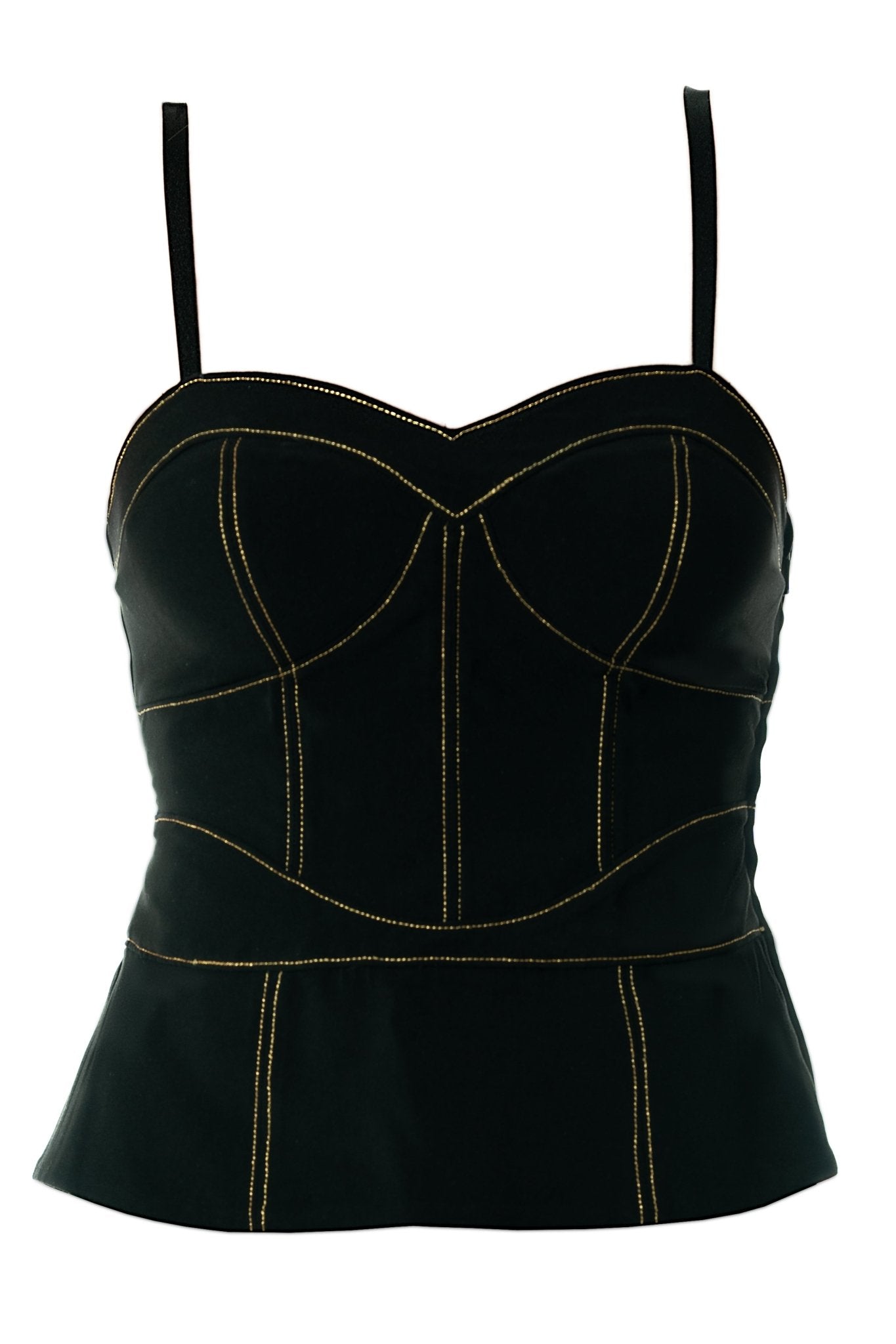TORI Bustier Corset Uniform Top for gaming, casino, hotel, restaurants, hospitality, and resorts. Black corset uniform with gold top stitch details and built in support. - KAPTVA Apparel