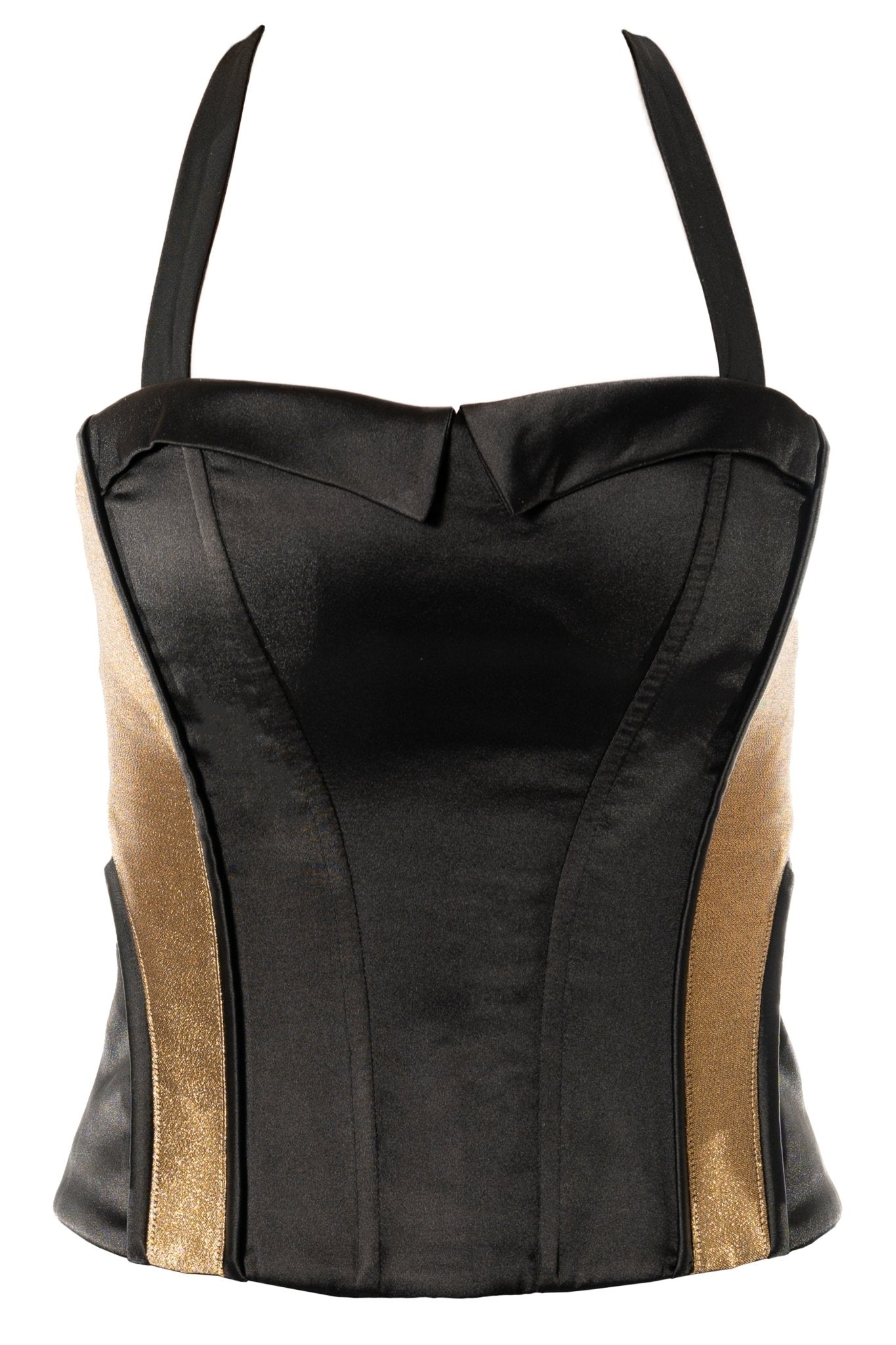 LILA Bustier Uniform Corset Top for casino, gaming, hotel, restaurants, hospitality, and resorts. Black satin with gold brocade sides with adjustable straps corset uniform. - KAPTVA Apparel