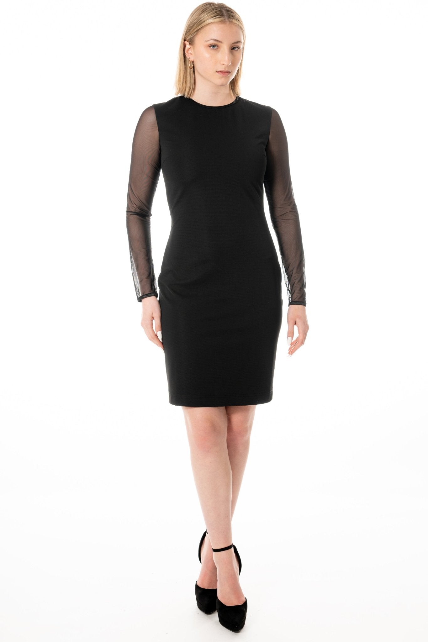 KATY Hostess Uniform Dress for gaming, casino, hotel, restaurants, hospitality, and resorts. Knee-length black dress with mesh sleeves and gold zipper accent. - KAPTVA Apparel