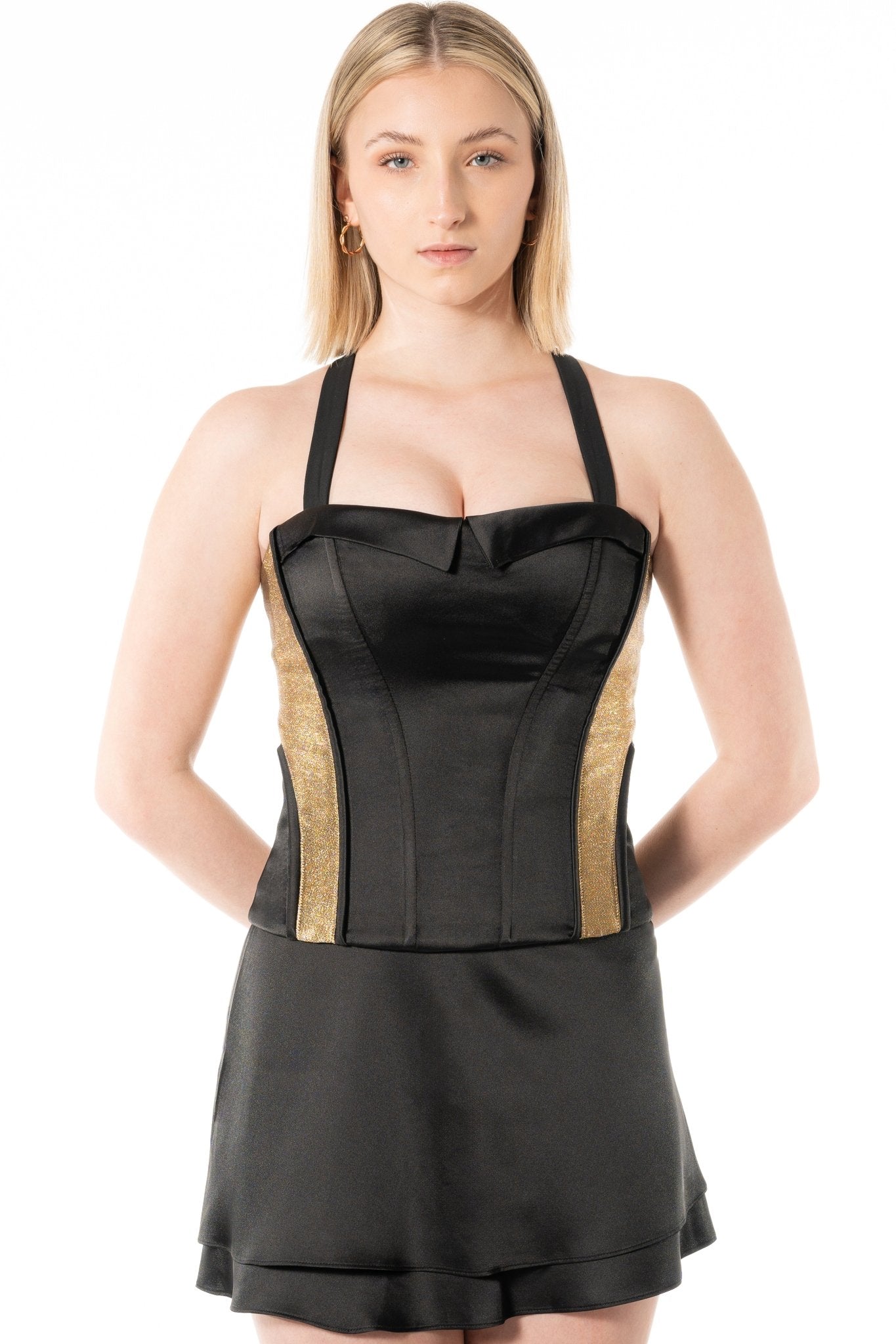 LILA Bustier Uniform Corset Top for casino, gaming, hotel, restaurants, hospitality, and resorts. Black satin with gold brocade sides with adjustable straps corset uniform. - KAPTVA Apparel