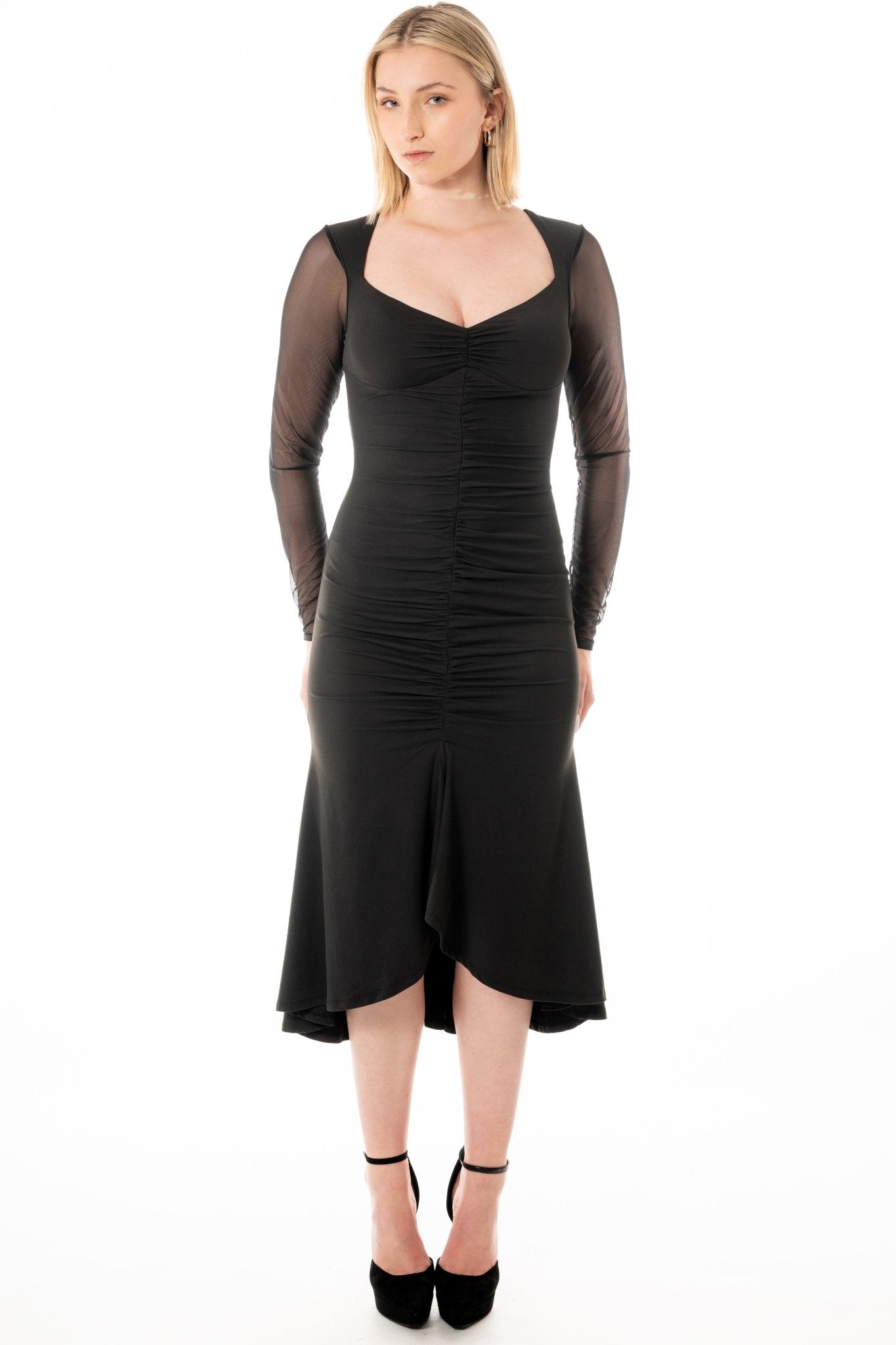 LOUISA Hostess Uniform Dress for gaming, casino, hospitality, hotel, restaurants, and resorts. Black stretch knee length uniform dress with shirring and mesh sleeves and sweetheart neckline. - KAPTVA Apparel